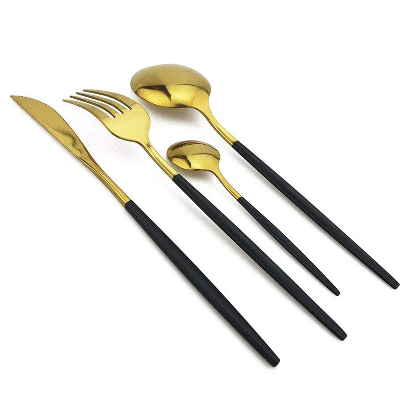 JANKNG 24-Piece Flatware Set, 18/0 Stainless Steel Knife Fork Spoon Teaspoon Silverware Set, Service for 6, Black Handle Gold - Image 4